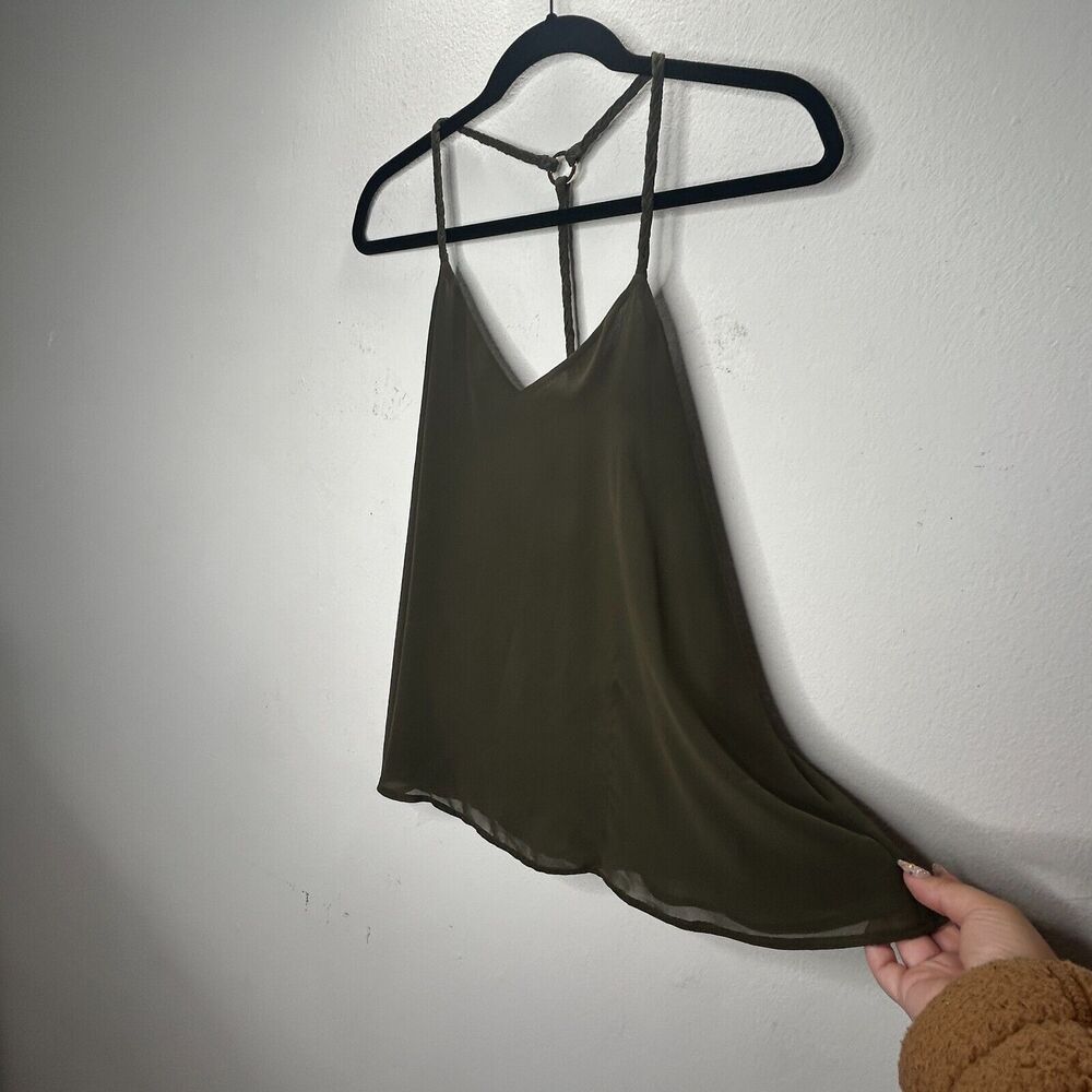 Marciano Olive Green V-Neck Braided Racer Back Straps Flowy Semi Sheer Blouse SM